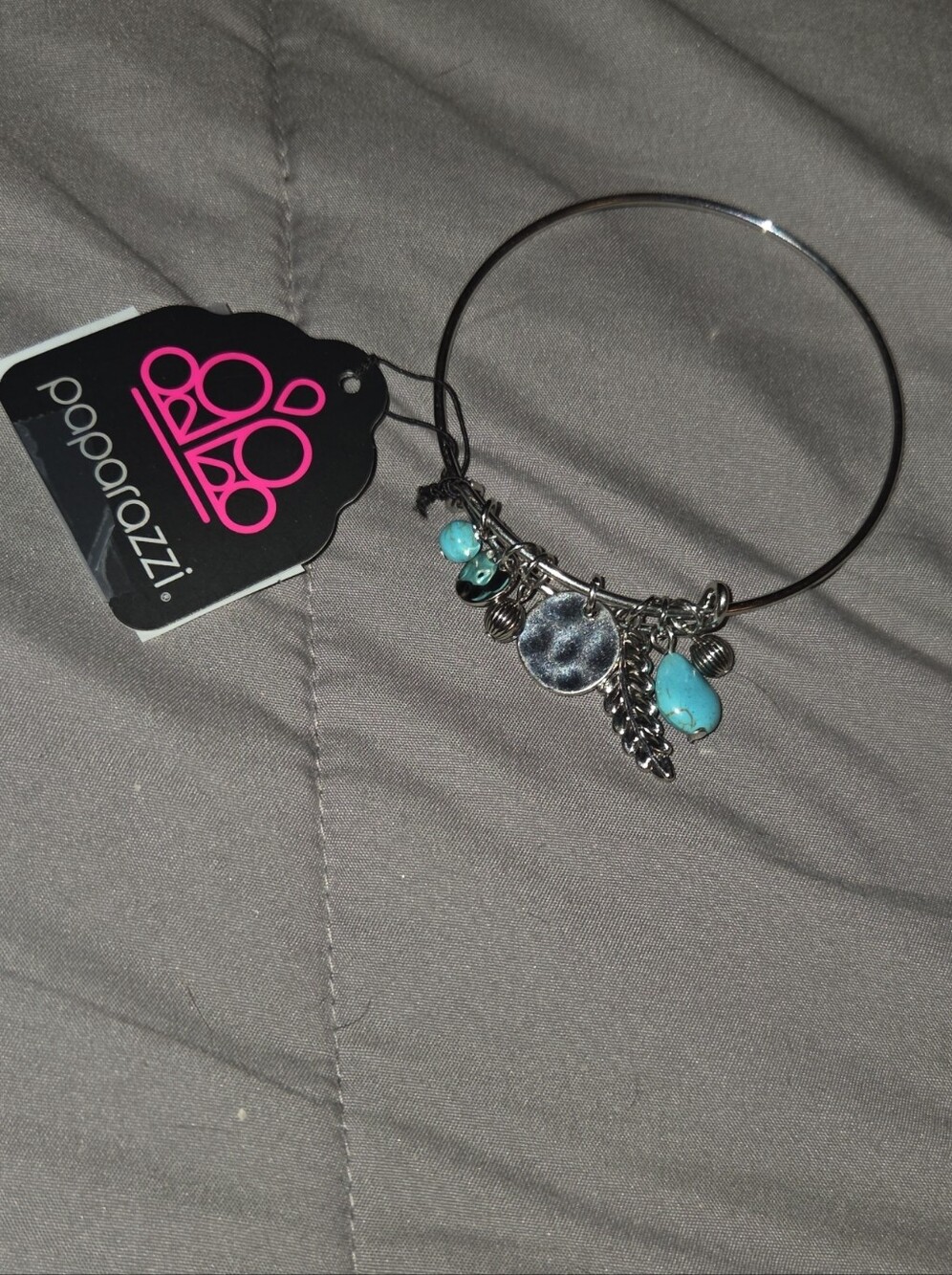 paparazzi Silver Charm Bangle with Turquoise Beads